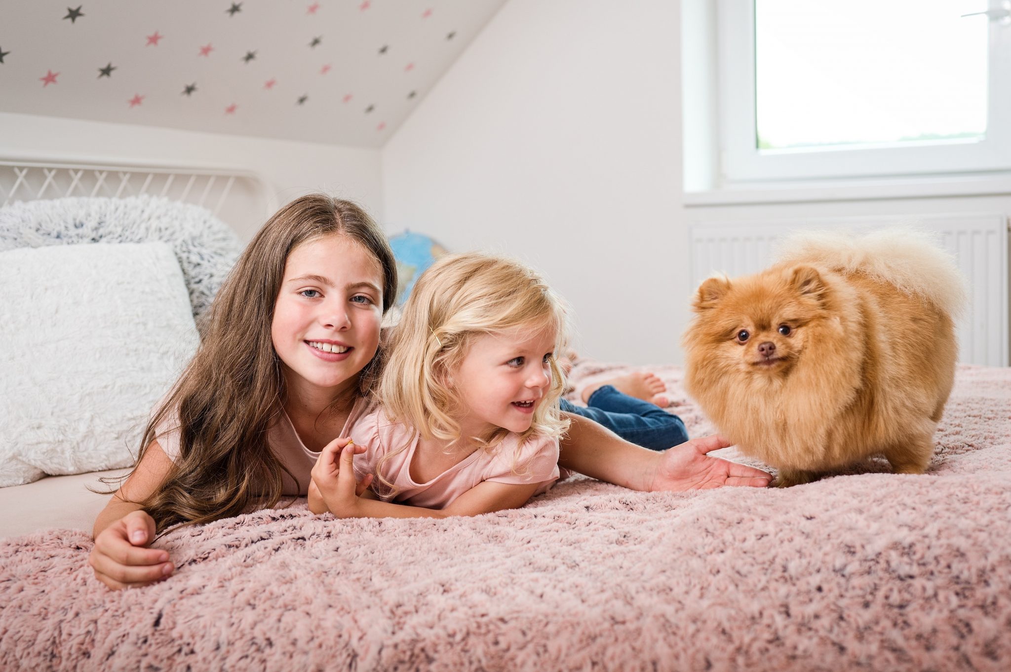 Zwei Kinder mit einem Hund auf einem Bett im Haustierhaushalt